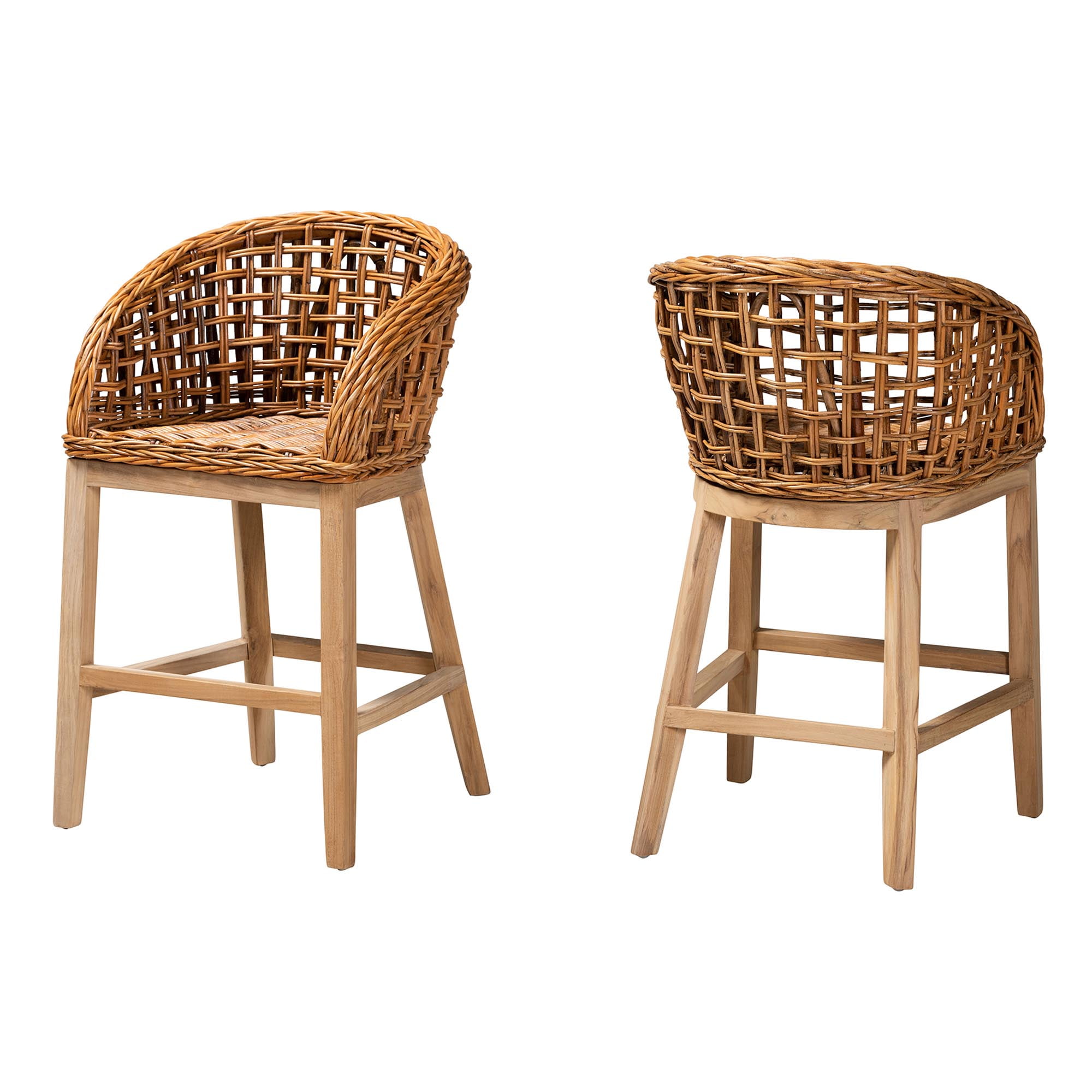 bali & pari Mario Modern BoHo Natural Brown Finished Teak Wood and Rattan 2-Piece Counter Stool Set