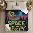 thumbnail image 5 of Whimsical Space Adventure Alien Crescent, Playful Celestial Art Scene, Warm Flannel Blanket for Home Library and Reading Nook, Celestial Art Lovers Housewarming Gift, Celestial Home Decor, 5 of 9