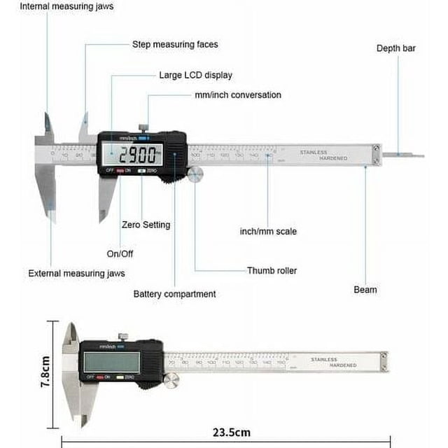 Calibrador deslizante de acero inoxidable de precisión digital de 150 mm con pantalla LCD grande, medición ajustable de 0,01 mm y conversión de mm/pulgadas.
