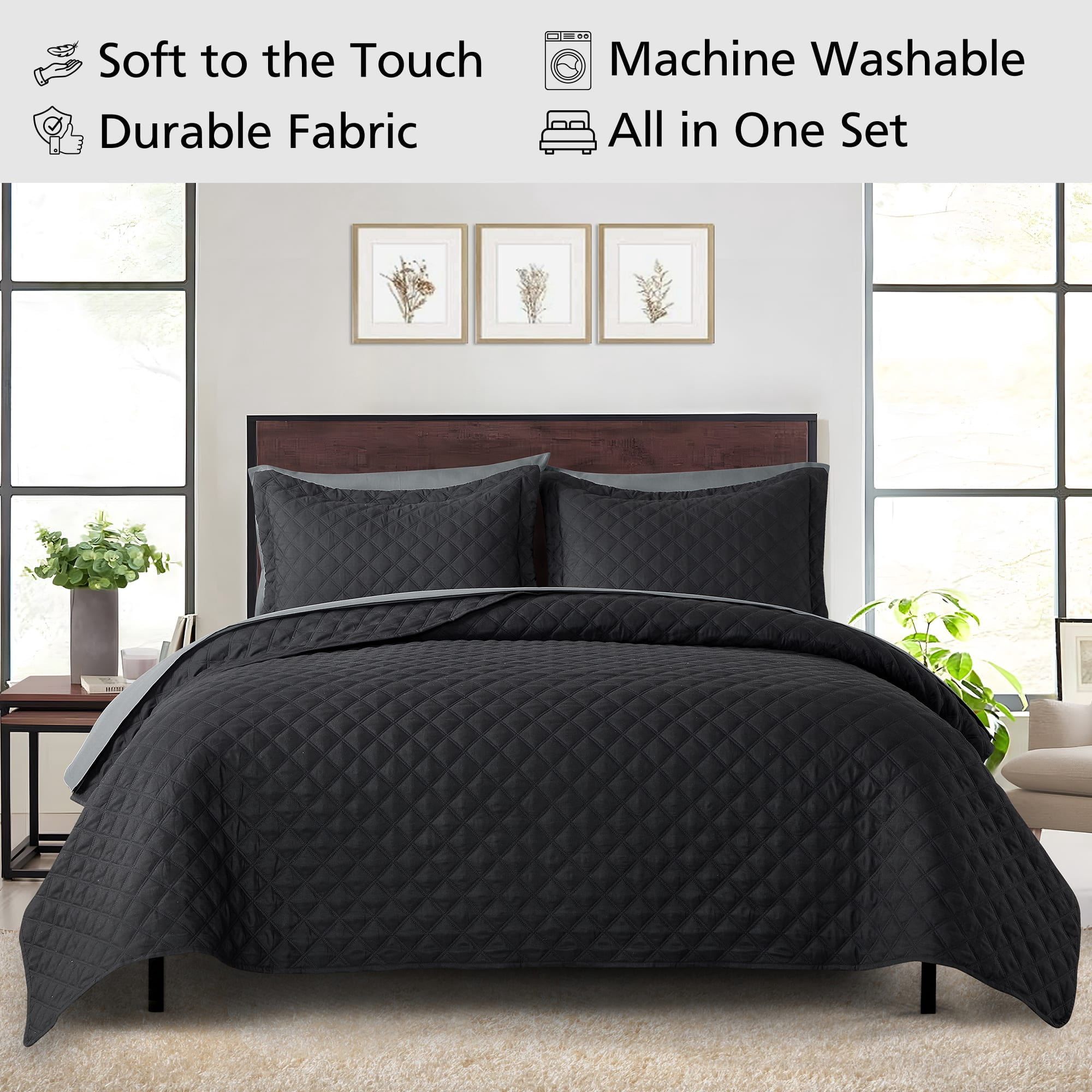 Mainstays All in One Lightweight Quilt Set and Sheet Set -7 Piece, King, Black