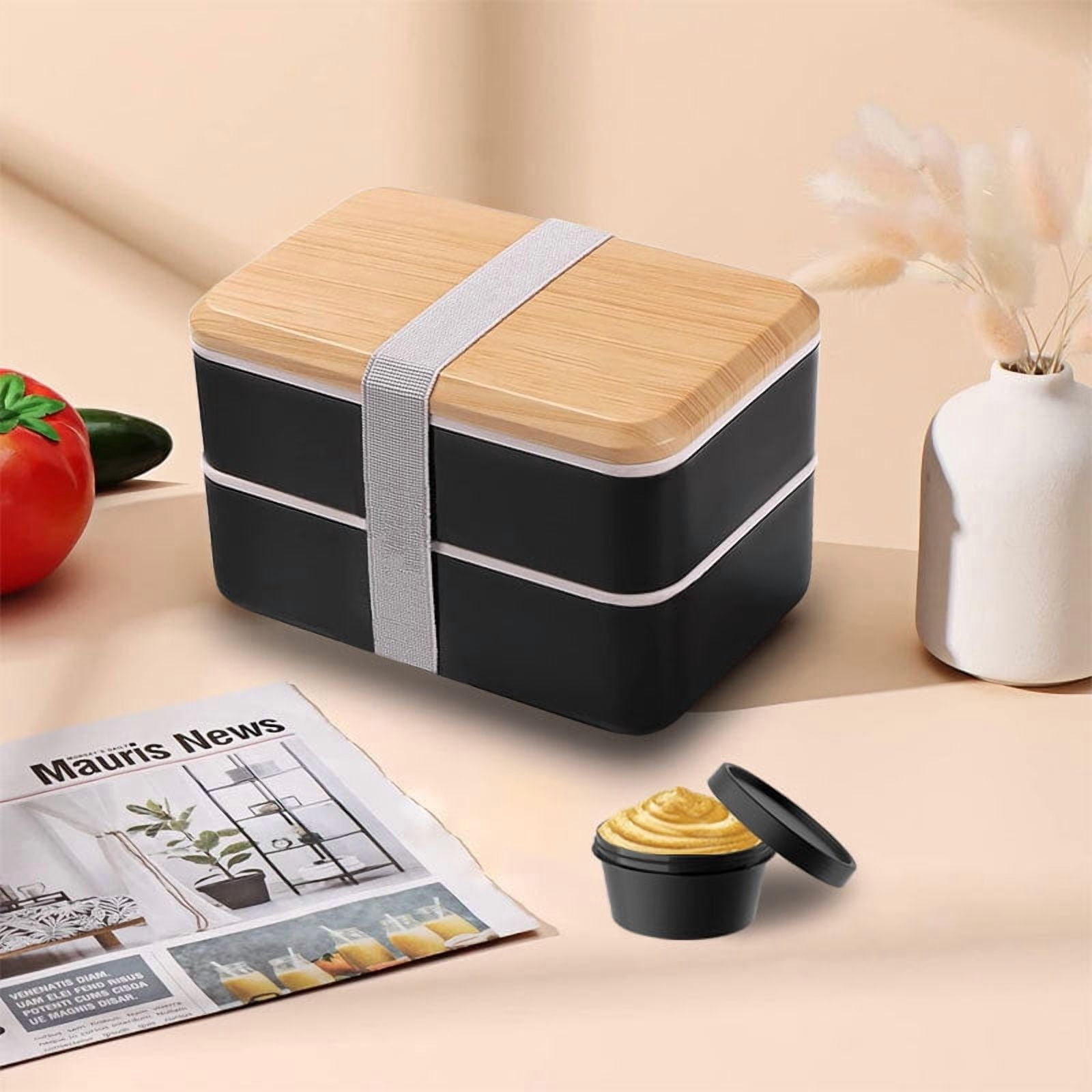 Bento Box Adult Lunch Box with Compartments for Women & Men,(1200ml)Stackable Japanese Bento Lunchbox,Rectangle Lunchable Food Container with Utensil Set Including sauce cup and insulation bag (black)