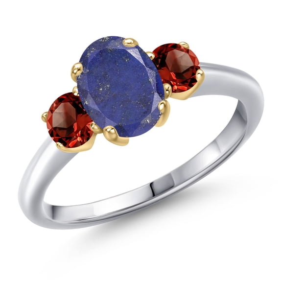 Gem Stone King 925 Silver and 10K Yellow Gold Blue Lapis and Red Garnet Engagement Ring for Women | 2.14 Cttw | Oval 8X6MM | Gemstone Birthstone | Size 6