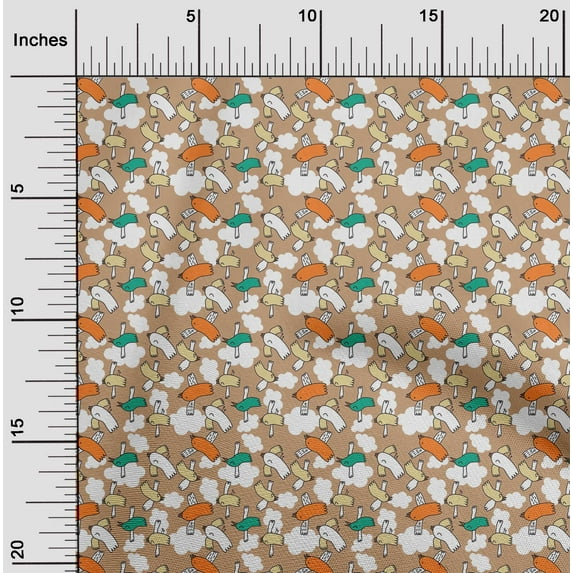 oneOone Polyester Lycra Dark Beige Fabric Cloud & Bird Cartoon Fabric For Sewing Printed Craft Fabric By The Yard 56 Inch Wide
