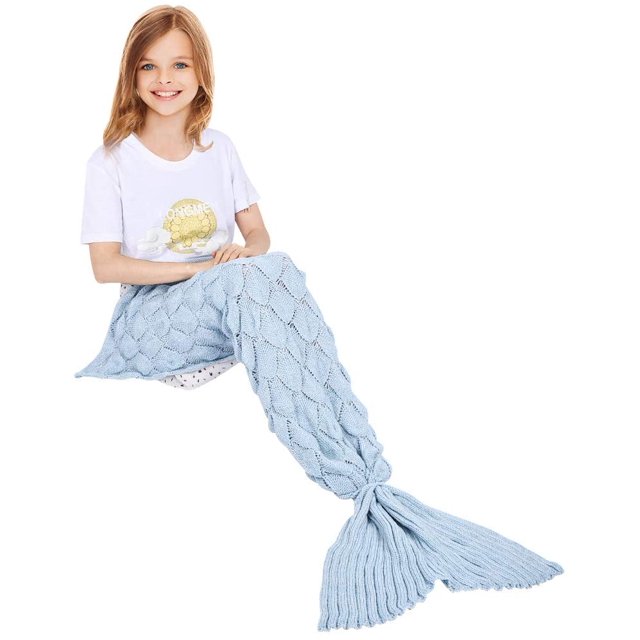 Couverture de Queue de sirène mettable, Toutes Les Saisons Chaude Couverture de lit canapé Couette Salon Sac de Couchage pour Enfants, écailles de Poisson, 140 x 60 cm - Bleu Clair