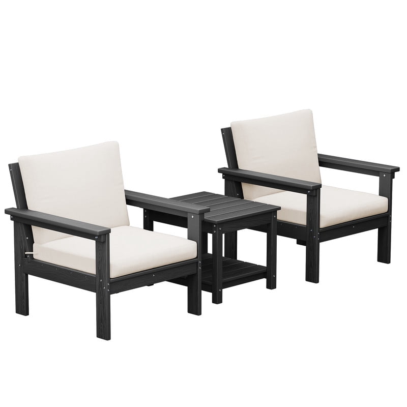 FUNDAZE Oversized HDPE Patio Furniture Sets, 2-Seater With Double-tier Table Outdoor Conversation Set | For Patio, Poolside, Backyard Use, Black Frame with Khaki Cushion