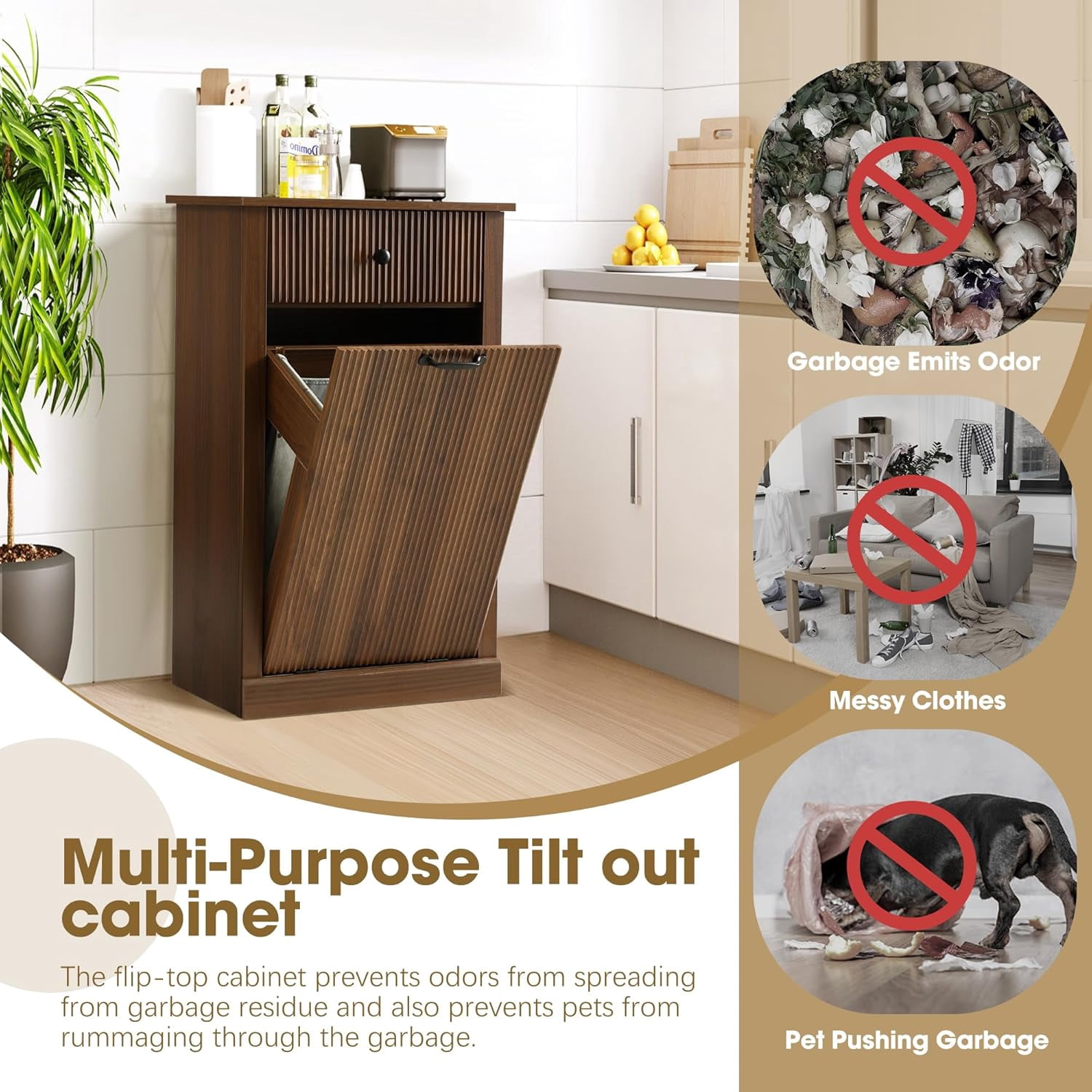 Magic Union Tilt Out Fluted Laundry Hamper Cabinet, 11 Gallon Hidden Laundry Hamper, Wooden Trash Can Cabinets with Drawer, Modern Garbage Can Cabinet for Bathroom, Kitchen, Living Room