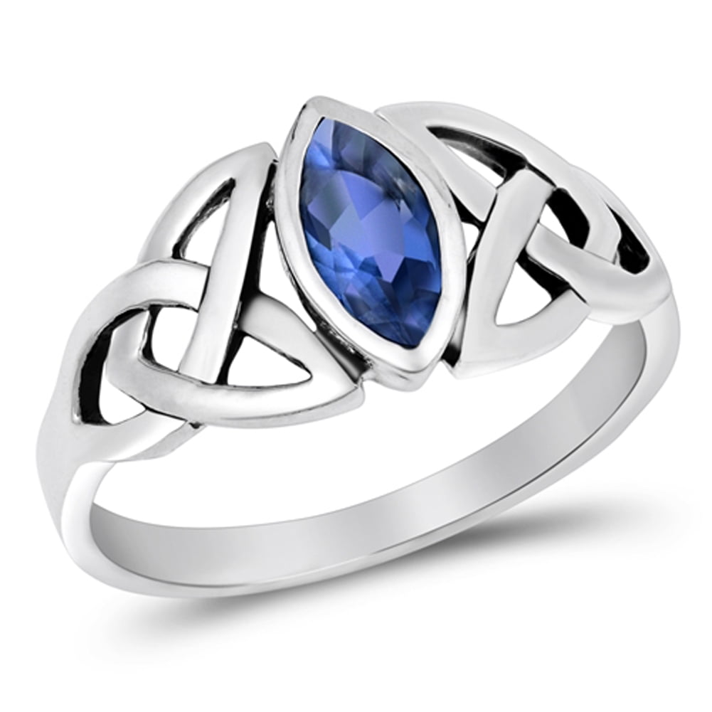 0.25 Ct Blue Sapphire Rose Rhodium 925 Sterling Silver Trinity Knot Ring