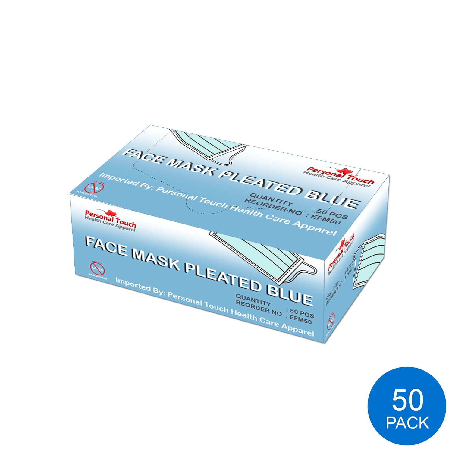Personal Touch Blue Disposable Earloop Face Mask Pleated Pack of (500 Pcs)