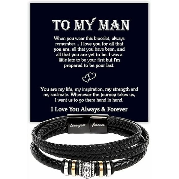 Leather Bracelet for Men, Men’s Love You Forever Bracelet Gift Ideas With Message Card, To My Man Bracelet Romantic Gift For Him, Sentimental Gifts For Husband/Boyfriend From Wife/Girlfriend