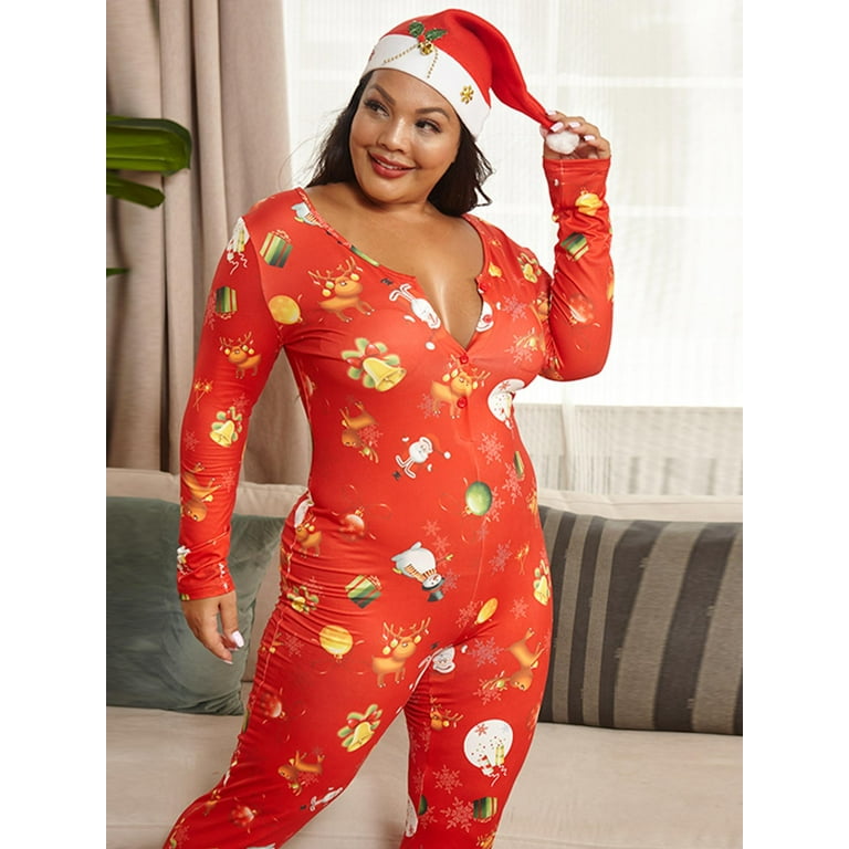 Gvmfive Women Plus Size Christmas Print Long Length Loungewear
