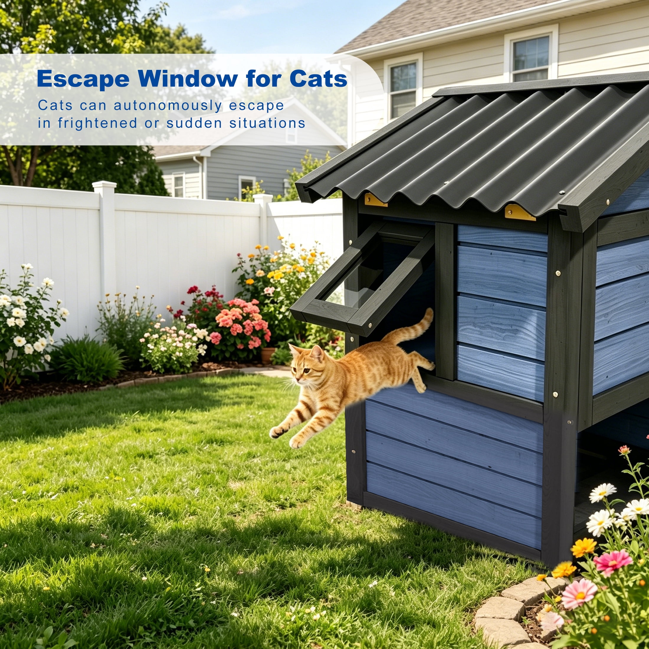 Cool Outdoor Cat House for Summer, Double-Layer Insulated Cat Shelter with Escape Window & Extended Ramp, Blue
