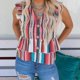 thumbnail image 1 of Camiseta sin mangas con estampado de rayas y escote en V con volantes abiertos en el frente, blusa informal holgada de verano, M, 1 of 5