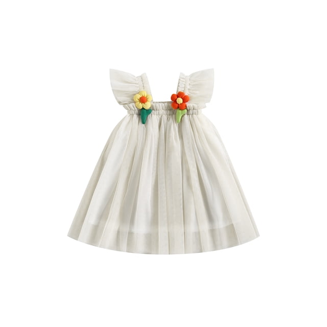 Kmbangi Robe à Manches Volantées en Tulle Superposé à Décor Floral Princesse Décontractée Fête pour Tout-Petits Enfants Filles Été 9M-5Y