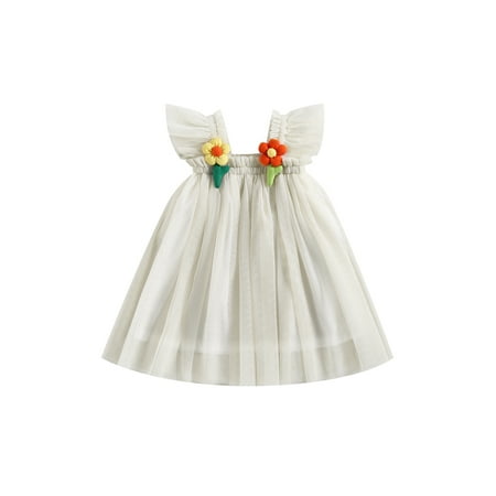 

Toddler Baby Girls Princess Dress Flower Decor Fly Sleeve Lace Mesh Layered Tulle Dress