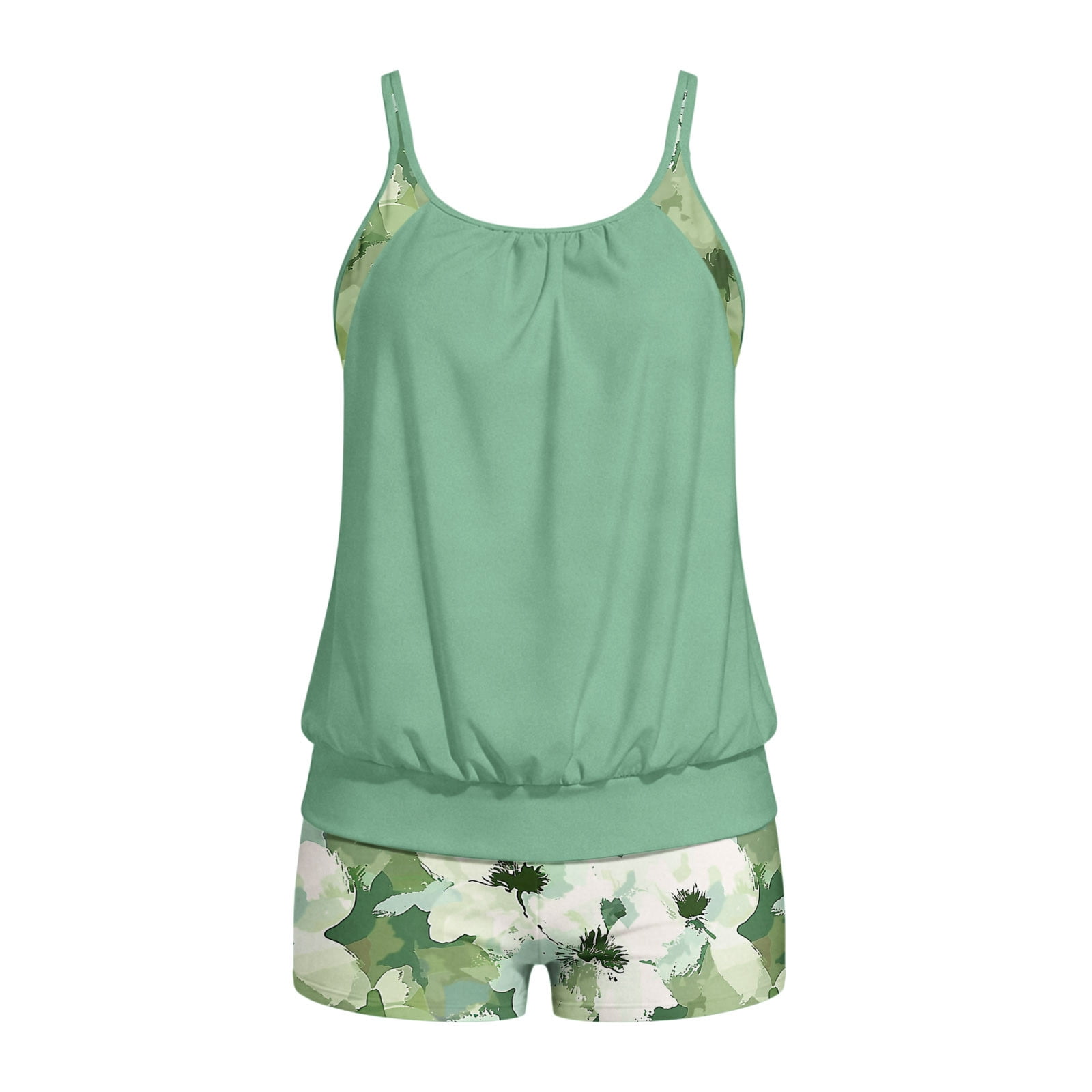 Blouson Tankini Swimsuits for Women Tummy Control Two Piece Bathing Suits with Sporty Pockets Swim Shorts