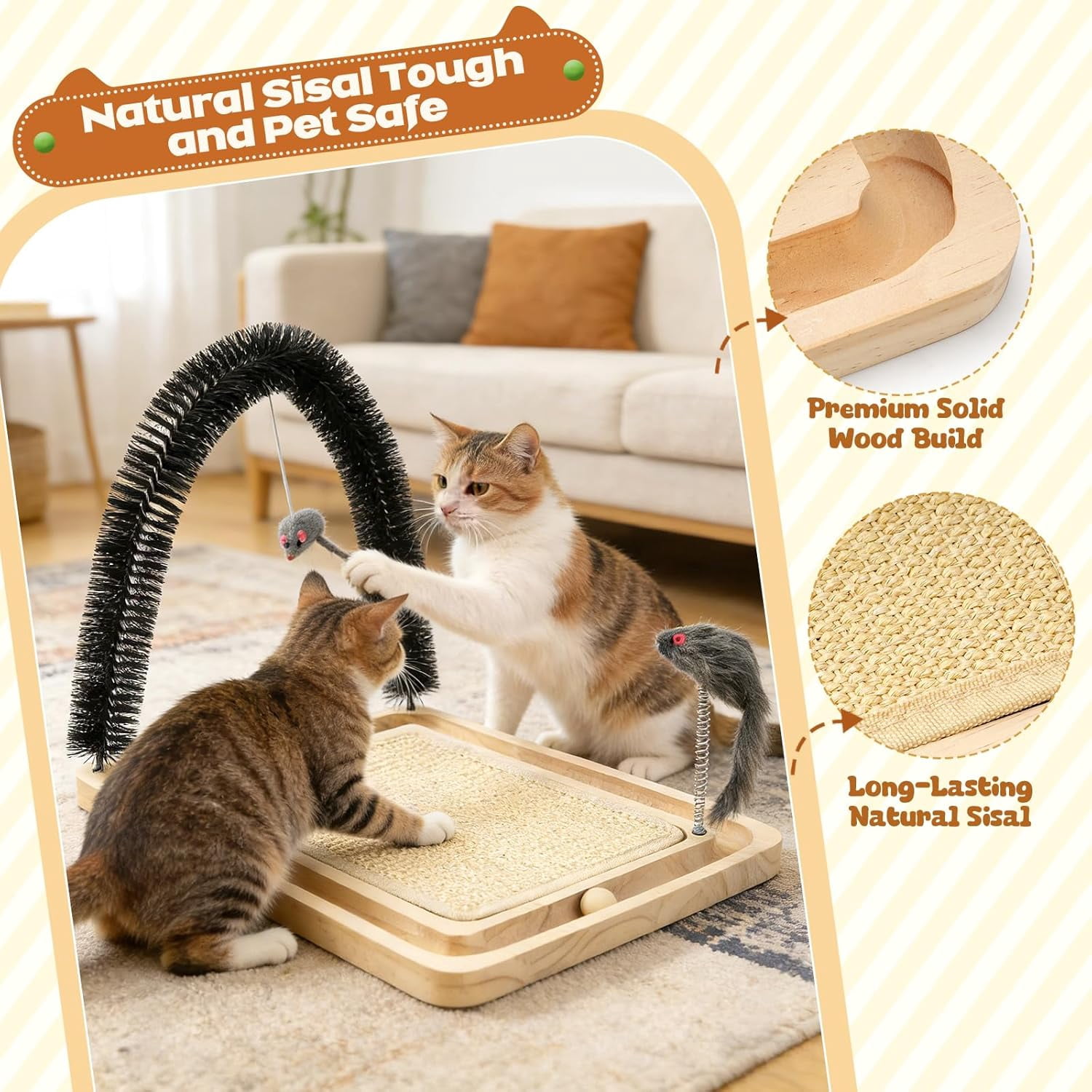 Pawaboo Sisal Cat Scratcher Toy, 16.93"×12.99"×12.20" Cat Scratcher Toy with Ball Track, Wooden Interactive Toys for Indoor Cats Scratch Pad, Cats Chasing Hunting Physical Exercise Toys