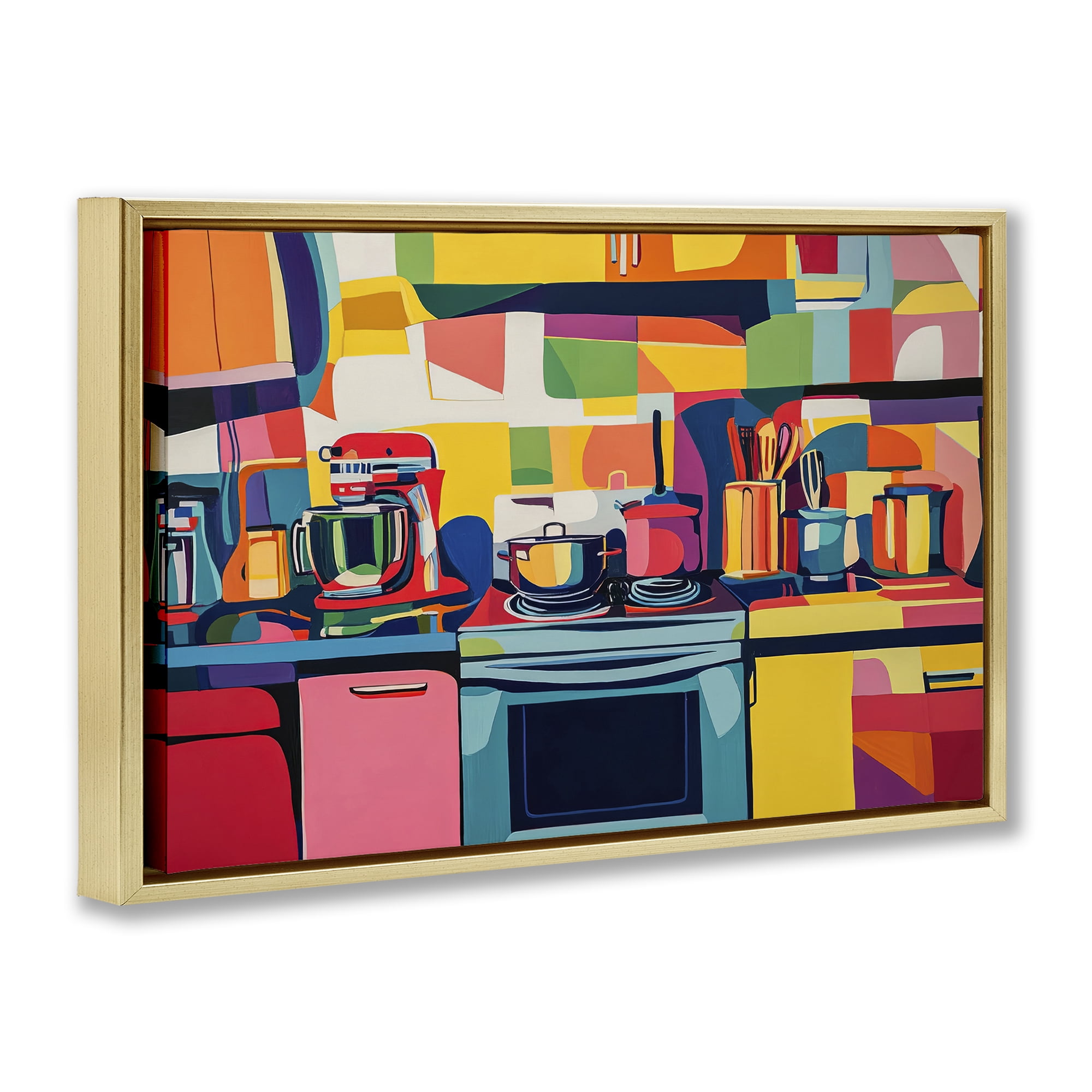 Stupell Industries Whimsical Hued Kitchen Furniture Painting Gold Floater Framed Canvas Art Print Wall Art, 25 x 17