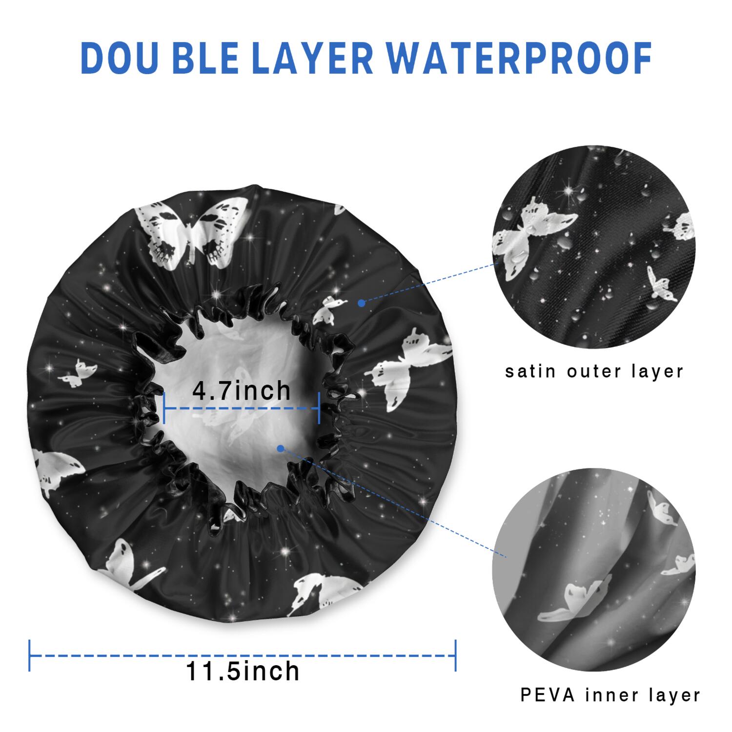 Shower Caps,Black White Butterfly Star Pattern Waterproof Shower Cap for Women 4 Pieces,Double Reusable Hair Cover for Shower PEVA Elastic Stretch Hem