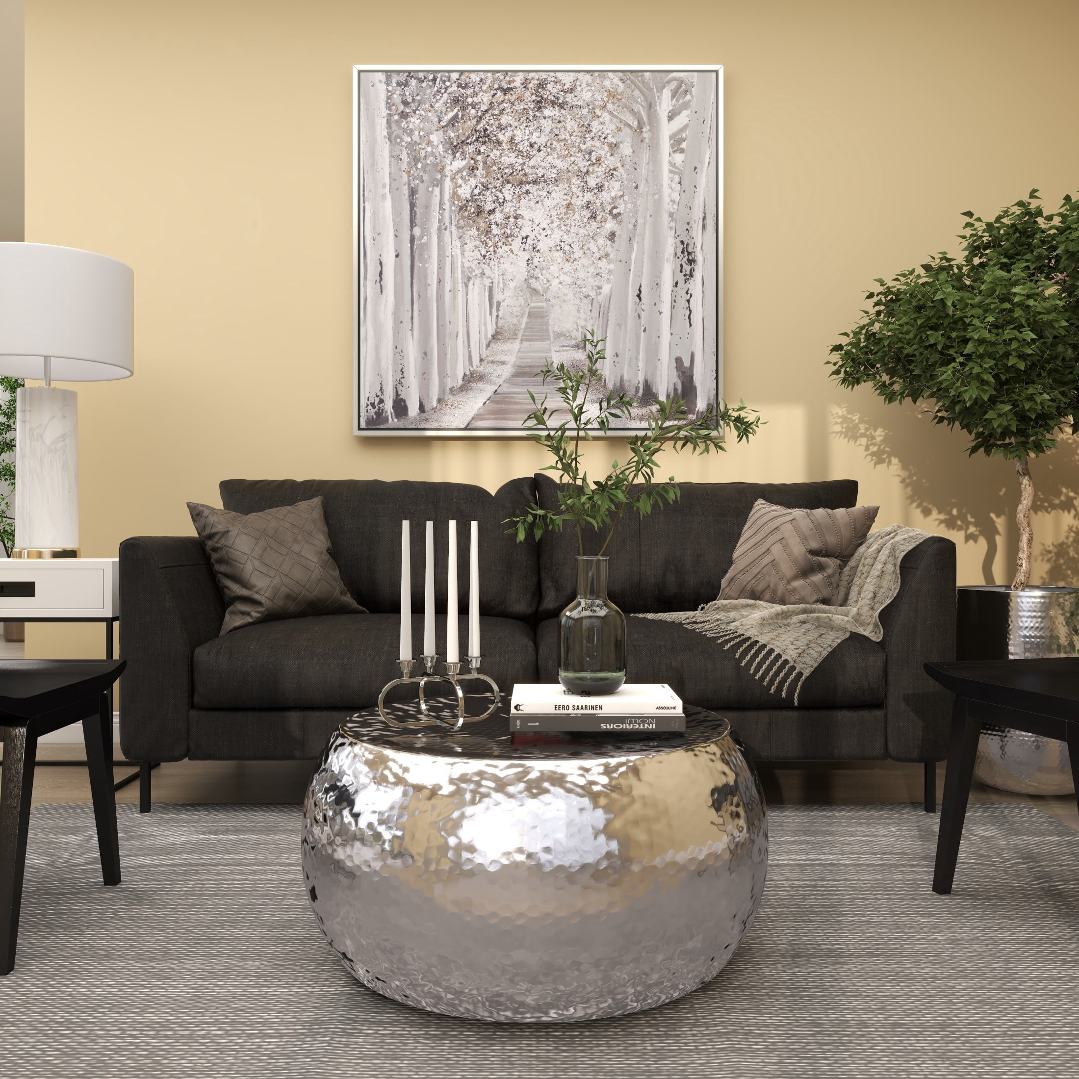 DecMode Contemporary Aluminum Pouf Inspired Coffee Table with Glossy Metallic Silver Finish, 30"W x 14"H
