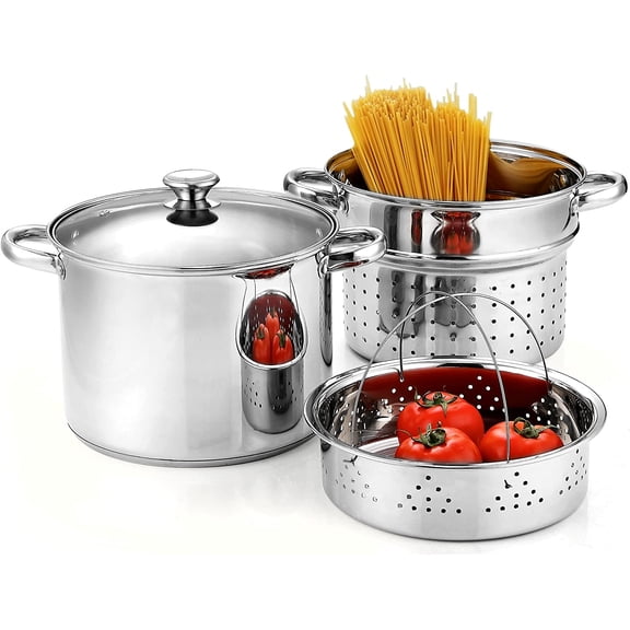 4-Piece Stainless Steel Pasta Cooker Steamer Multipots, 12 Quart, Silver