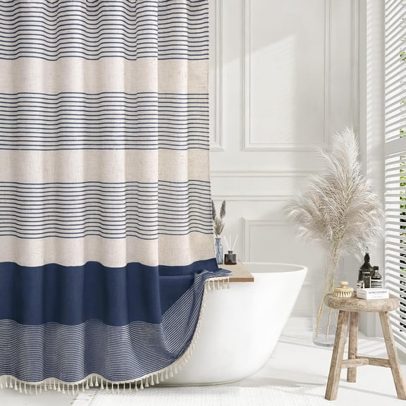 Navy Blue Shower Curtain Linen Coastal Ocean Striped Shower Curtains for Bathroom with Tassel 72 X 72