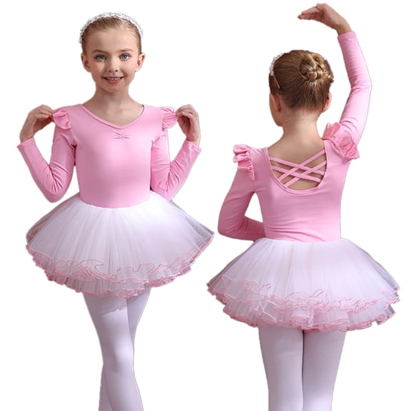 LYMAYTER Toddler Ballet Leotard Girls Long Sleeve Solid Color Practice Dress Soft Seasonal Set 3-11Y