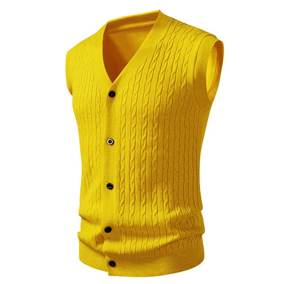 Sweater Vest Men Button Down V Neck Slim Fit Business Casual Streetwear Breathable Sleeveless Knitted Sweaters Vest Yellow M