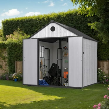 Syngar Plastic Resin Garden Storage Shed, Large Tools Shed, 8' x 8' Outdoor Storage Shed with Lockable Doors for Patio