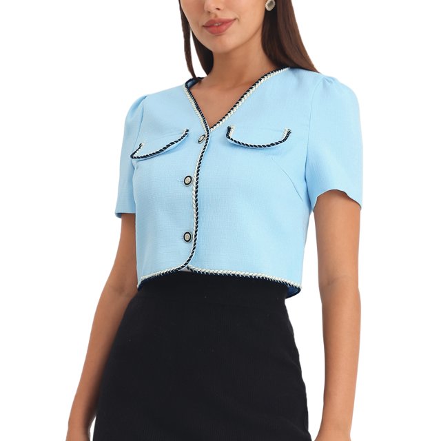 INSPIRE CHIC Women's Tweed Jacket Contrast Color Button Down Short Sleeve Work Office Blazer Light Blue M