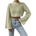 thumbnail image 3 of Wutalume Women's Solid Color Casual Bell Sleeve Knitted Short Sweater, Versatile Flared Sleeve Top, Lightweight Pullover for Transitional Seasons,Light Green S, 3 of 8