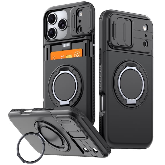 ELEHOLD Shockproof Rugged Card Slot Sliding Camera Shield Hybrid Cell Phone Case Ring Stand Cover for iPhone 17 Pro,Black