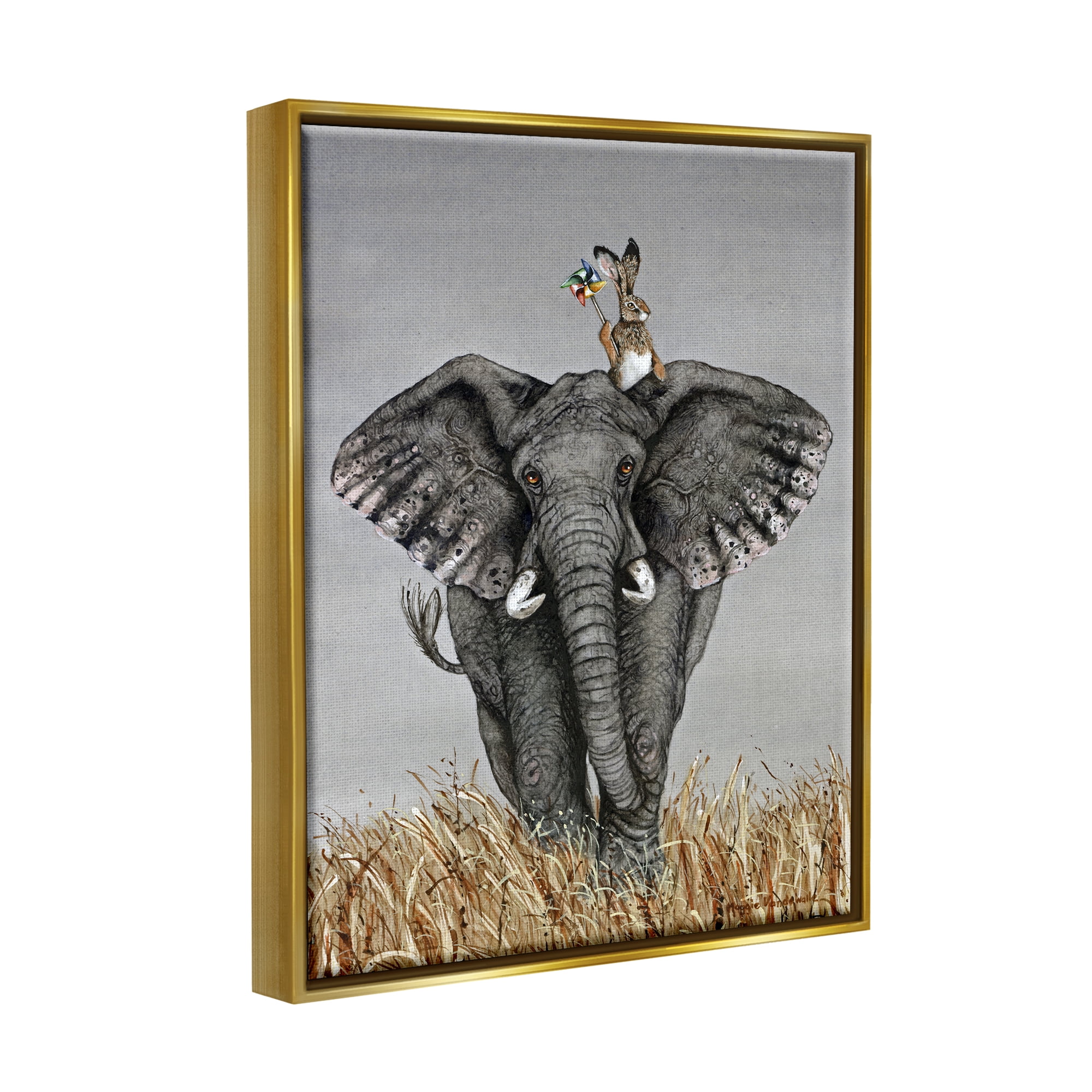 Stupell Industries Elephant & Rabbit Landscape Animals & Insects Painting Gold Floater Framed Art Print Wall Art, 25 x 31