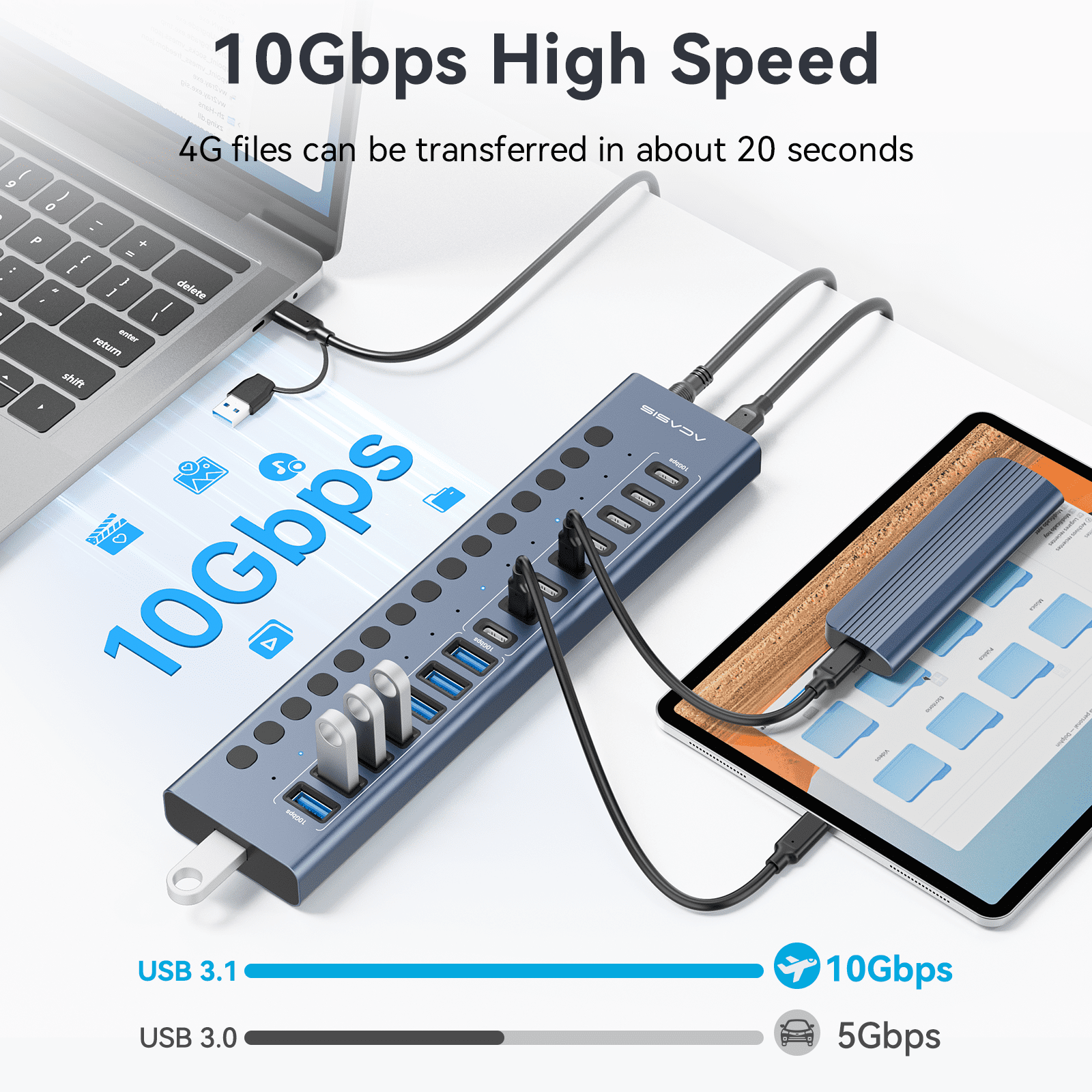 ACASIS 16 Port USB 3.2 Gen 2 Hub Powered, 10Gbps USB Hub with 8 USB-A and 8 USB-C Ports, 96W Adapter for Laptop, PC, Mac, SSD, Phone – Hot Swap, Plug & Play