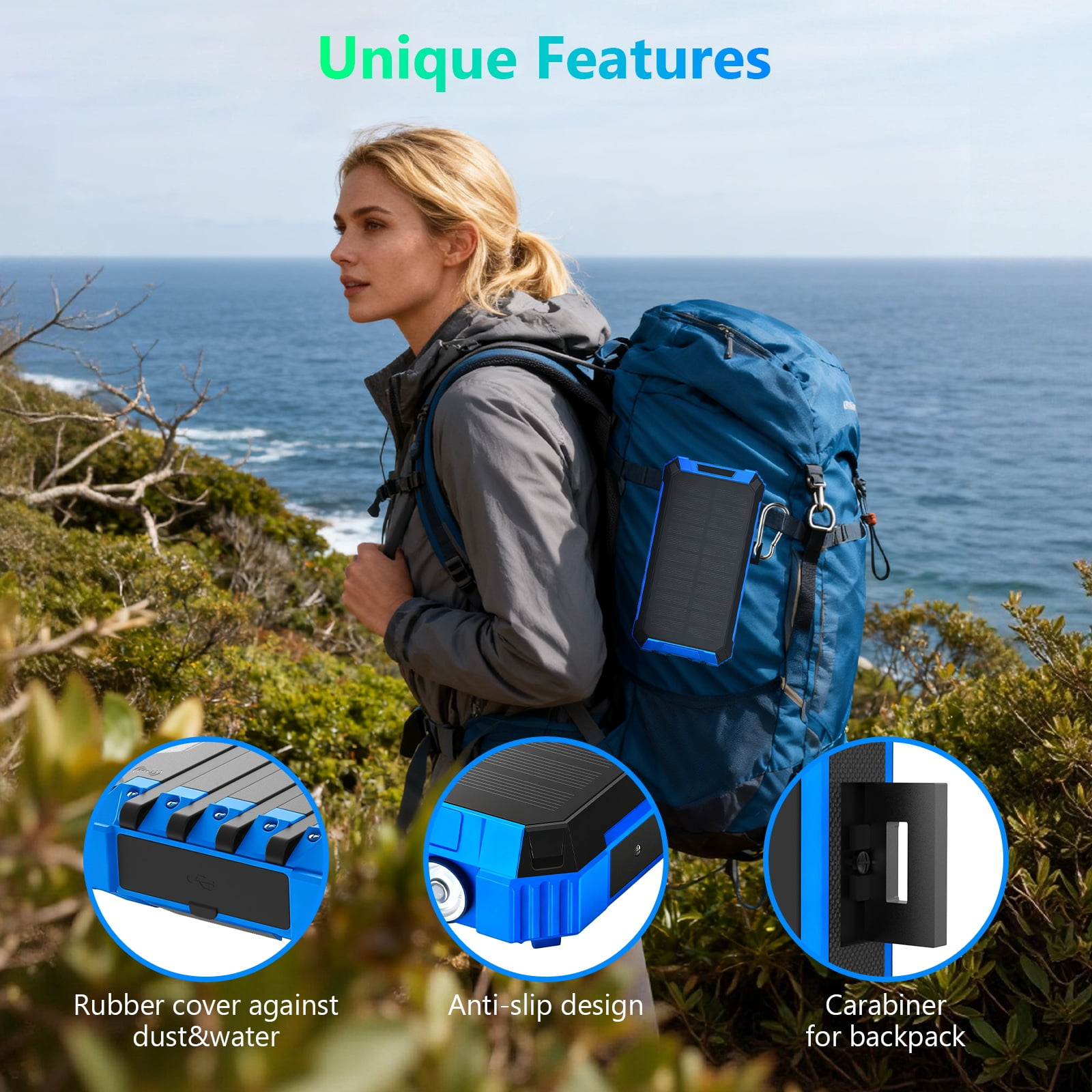CATGOOD 20000mAh Solar Power Bank, 22.5W Fast Charging Portable Charger with 4 Built-in Cables & 10W Wireless Charging, Travel Battery Pack with Camping Flashlight(Blue)