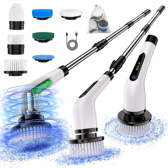 Electric Rotary Cleaning Brush, 7 Replaceable Brush Heads, Adjustable and Detachable Telescopic Handle, with Digital Display Function, Suitable for Bathroom Floors, Walls, Bathtubs, Cars