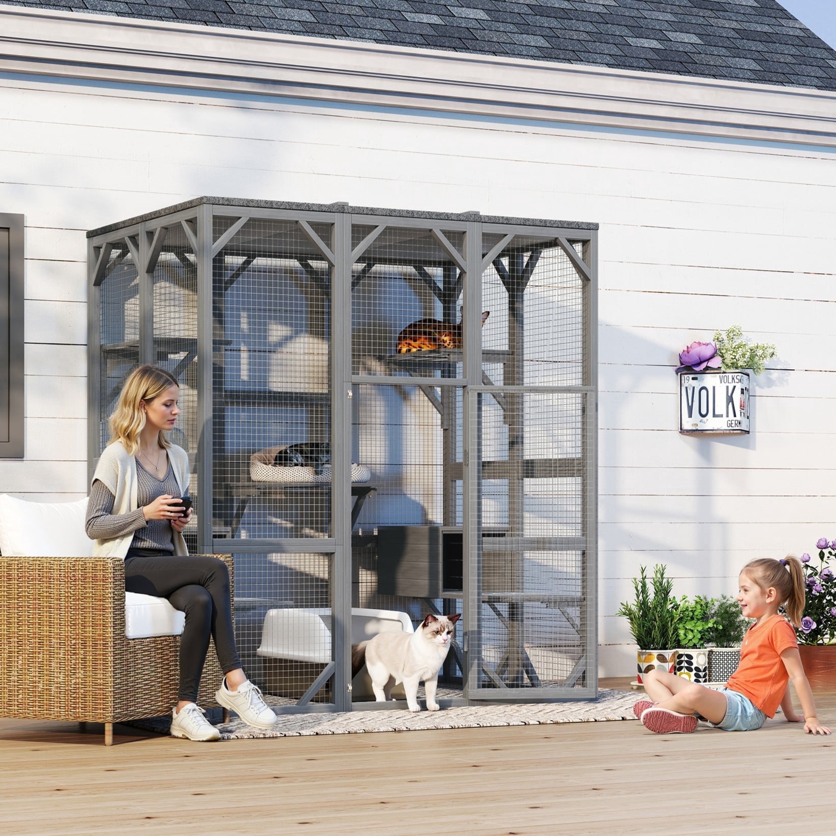 Villeston Outdoor Cat Enclosure, 71" Large Cat House for Multiple Cats with Waterproof Roof, 3 Tier Cat Cage with 6 Platform for Patio, Yard, Graden