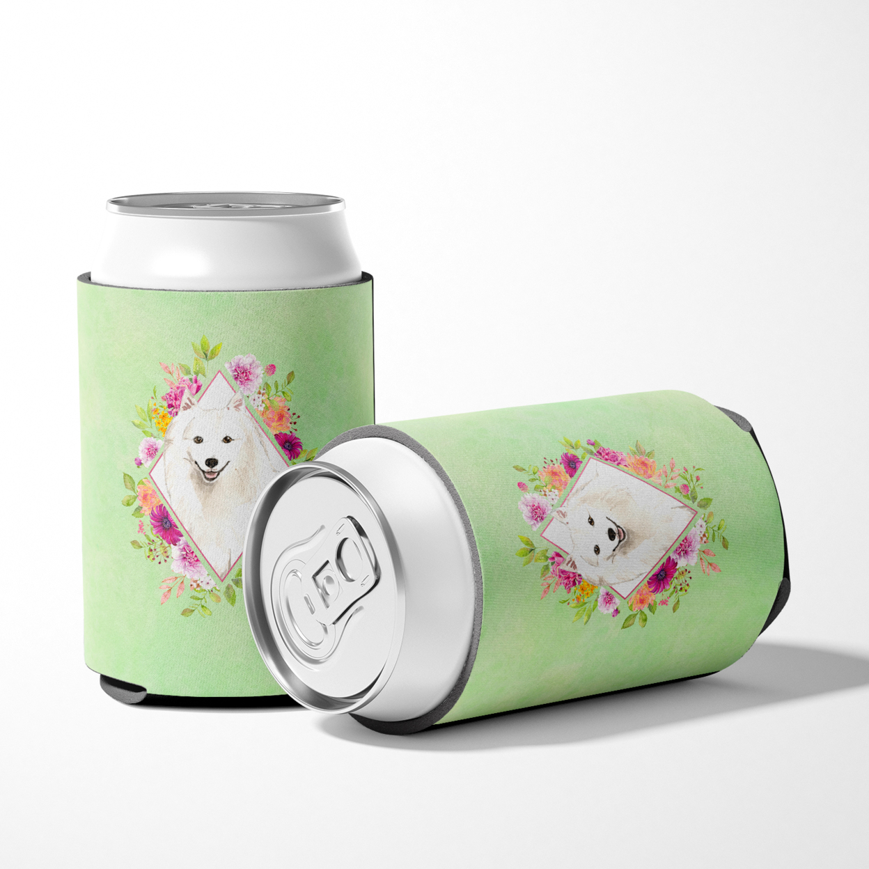 Japanese Spitz Green Flowers Can or Bottle Hugger