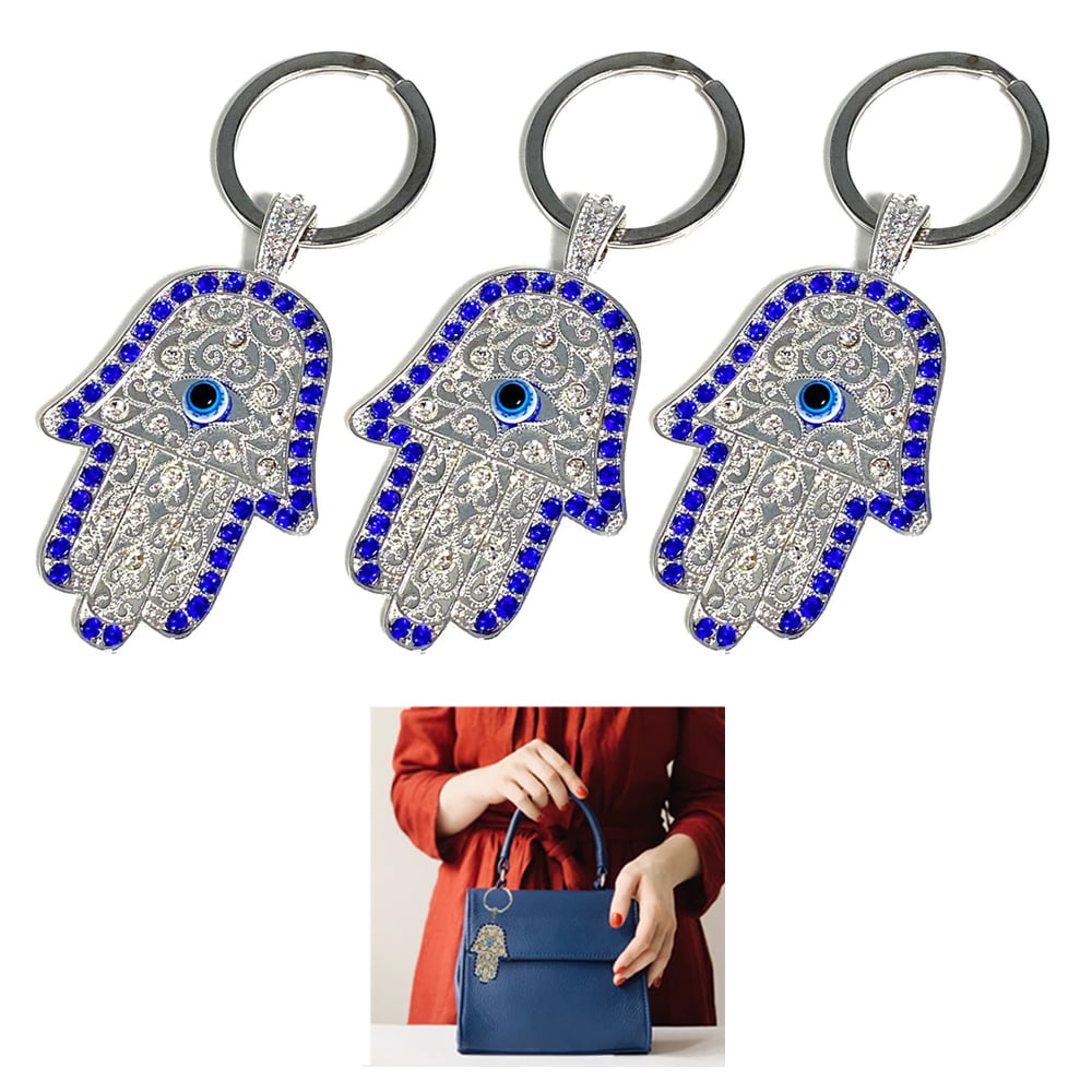 Hamsa Silver Tone Blue Keychain Protection Evil Eye Hand Blue Bead New 