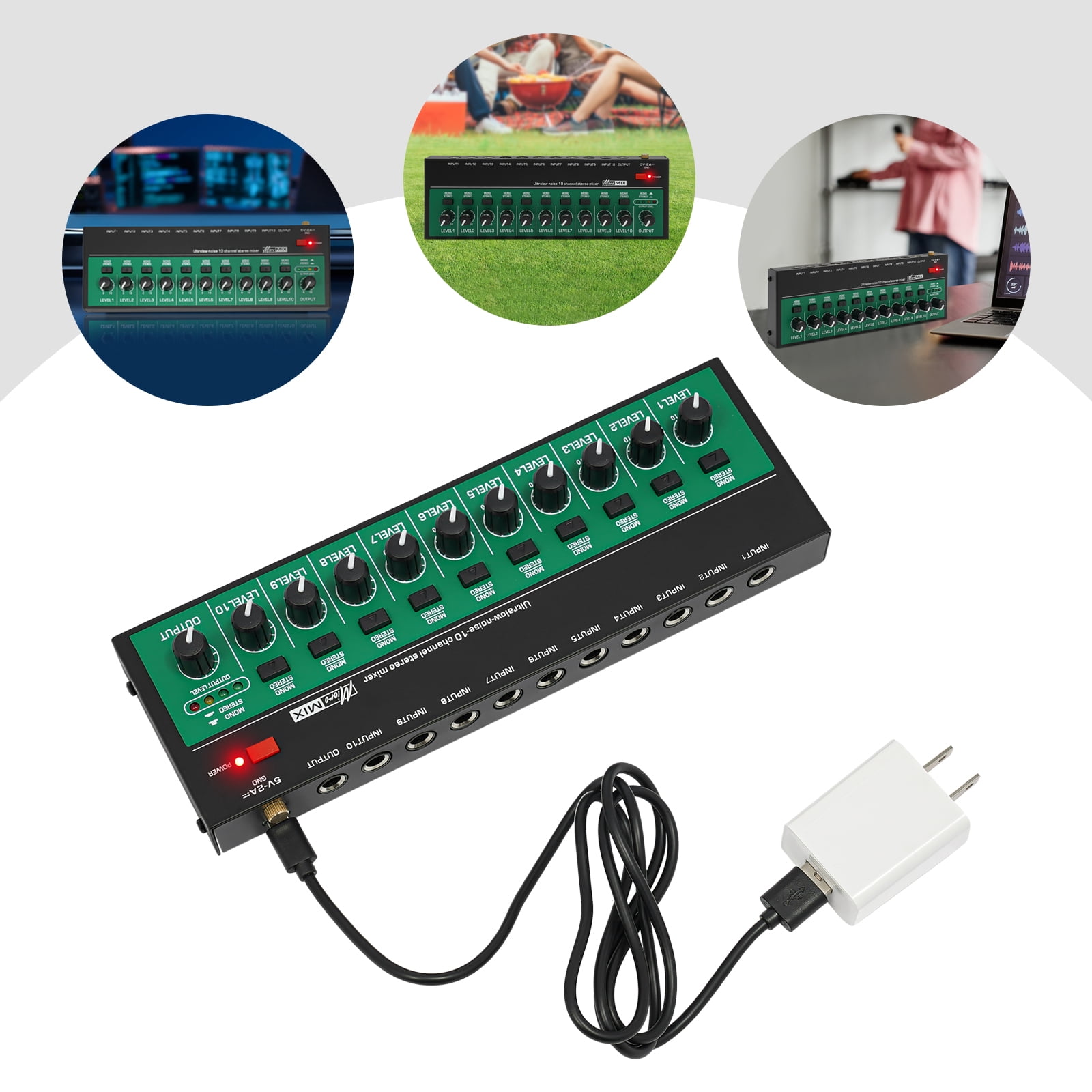 10-Channel Audio Mixer with Bluetooth Connectivity, Three-Band Equalizer, Multiple Music Modes, and Built-in Analog Effects for Sound Control