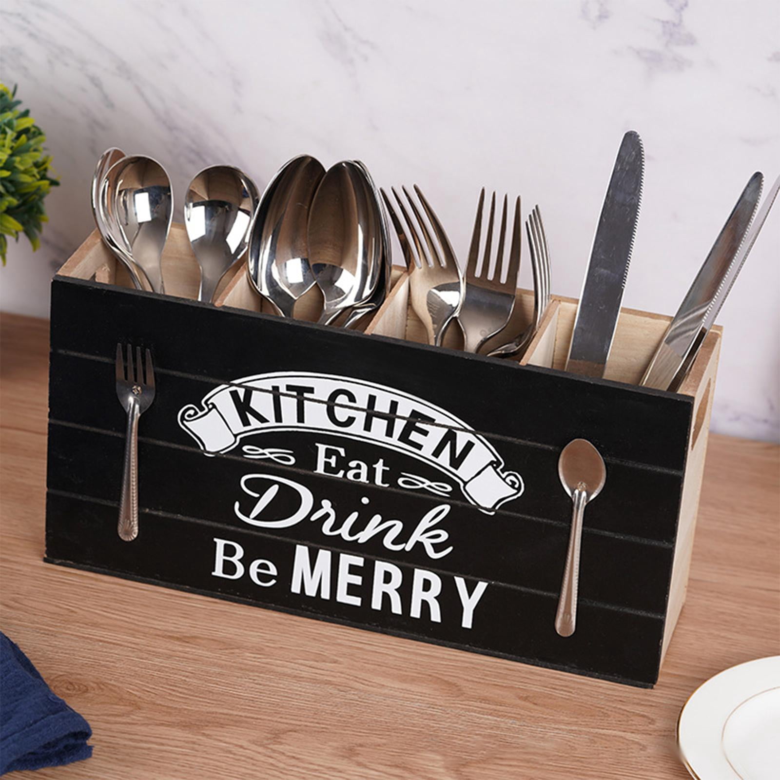 Fiocias Multifunction Wood Kitchen Cutlery Holder 4 Compartments Utensil Caddy Organizer