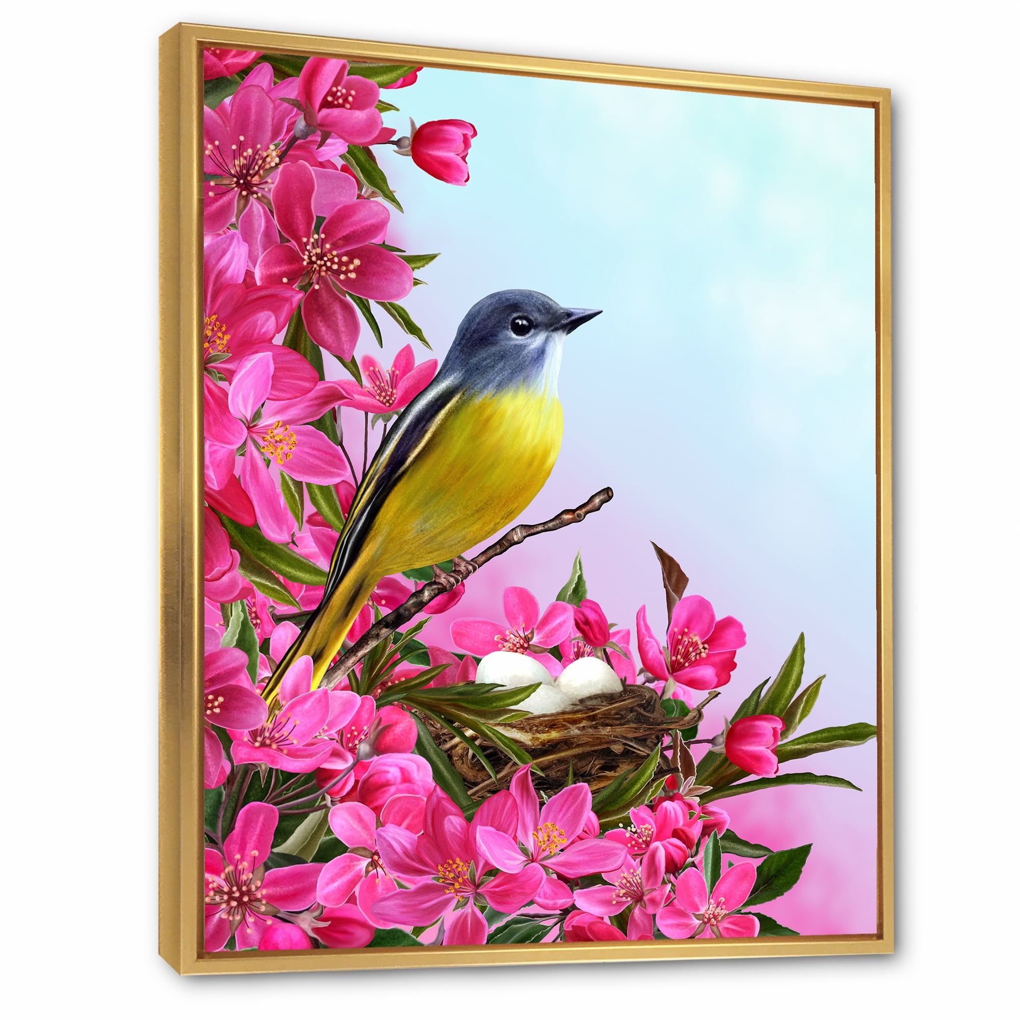 Designart 'Little Yellow Bird Near The Nest with Pink Flowers' Traditional Framed Canvas Wall Art Print