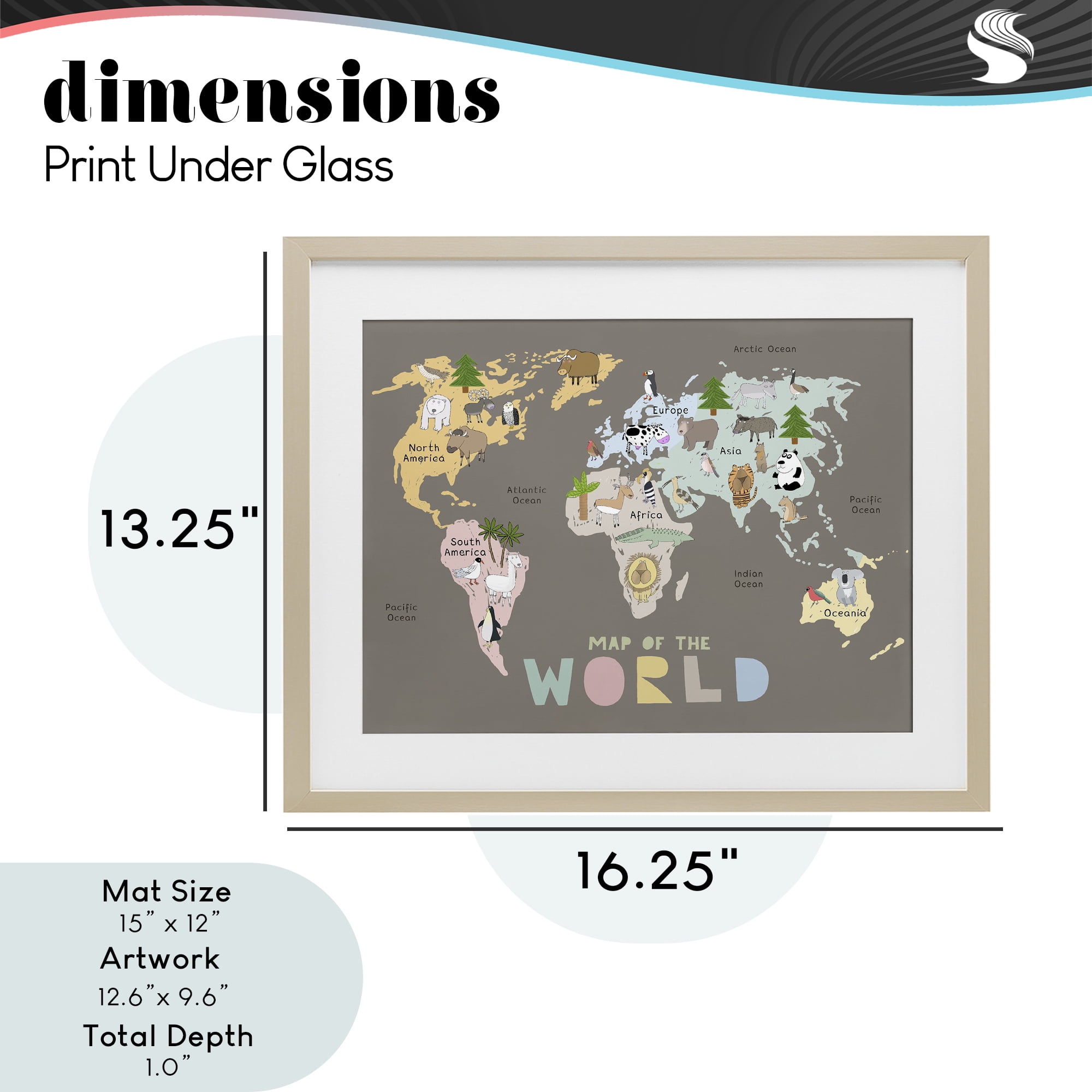 Kid's Map Of World Brown Birch Framed Print Under Glass, design by Carla Daly