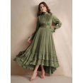 thumbnail image 6 of High-Neck Long Sleeve Pleated Ruffle Hem Maxi Dress In Olive Green, 6 of 26