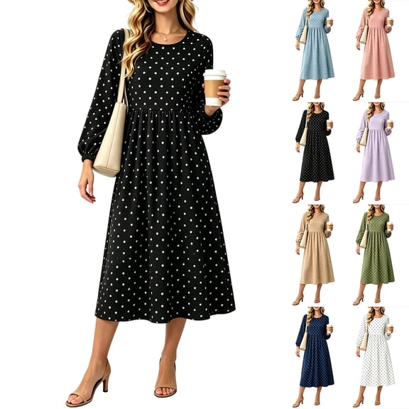 Summer Dresses for Women 2026 Round Neck Polka Dot Long Elastic Cuff Puff Sleeve High Waist Flowy Casual Midi Dress for Loungewear Vacation Daily Wear