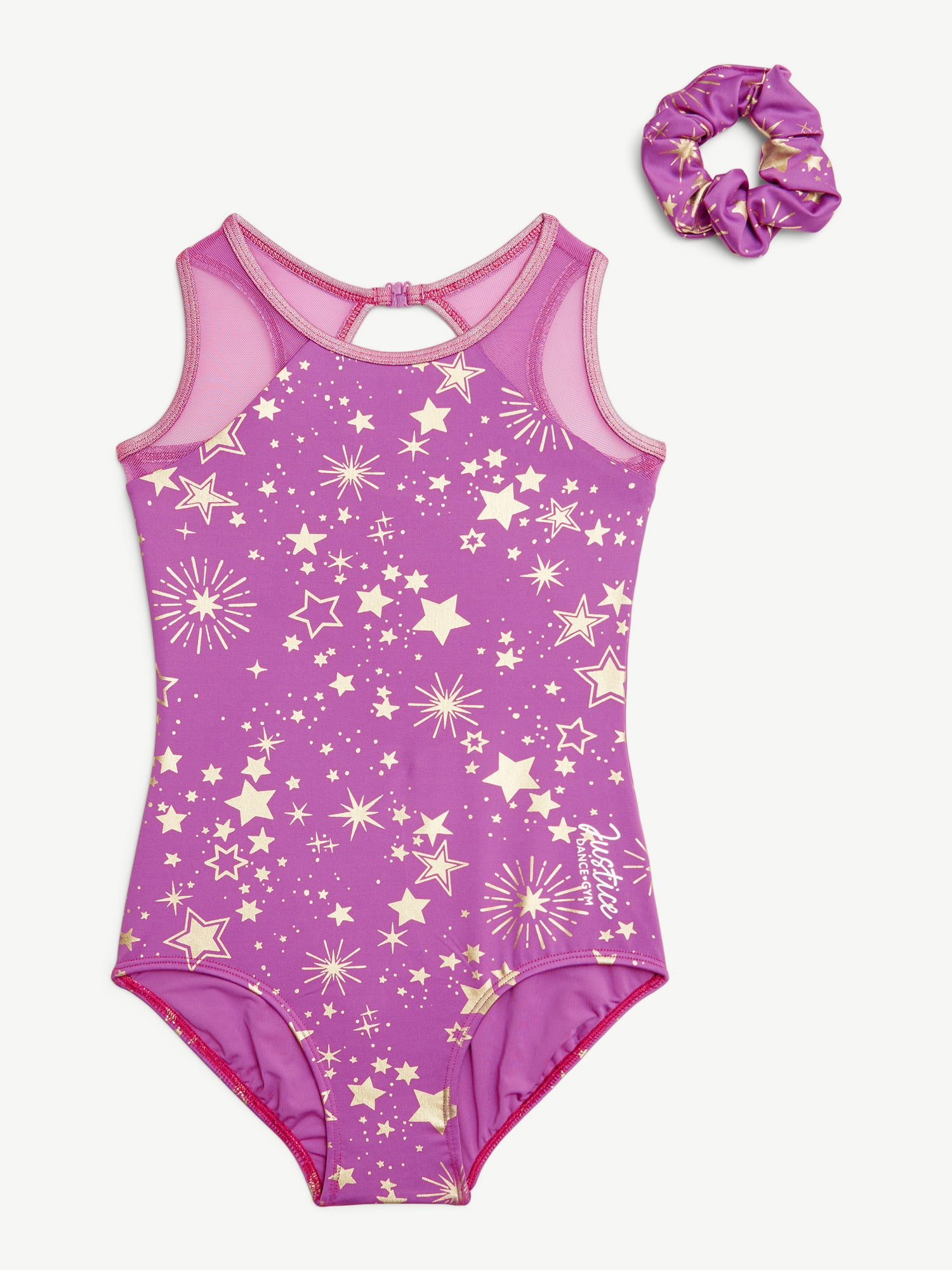 Justice Celestial Foil Print Gymnastic Leotard for Girls with Matching Scrunchie, Sizes XS-XL