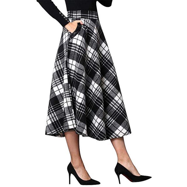 Falda larga de cintura elástica alta para mujer Falda larga acampanada de invierno a cuadros a cuadros Fokelyi WMPH-1444-9