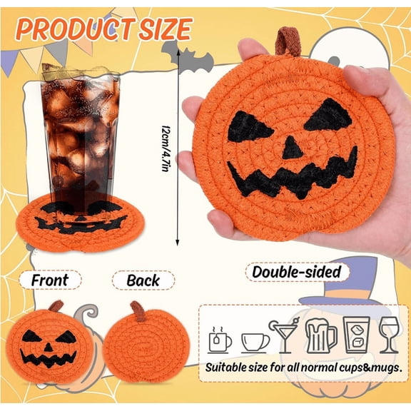 4 Pack Halloween Handmade Braided Drink Coasters Black Orange Pumpkins Witch Hats Absorbent Cotton Cup Coasters Heat Resistant Cup Mats for Halloween Home Kitchen Office Table Decor, 4.7 Inch