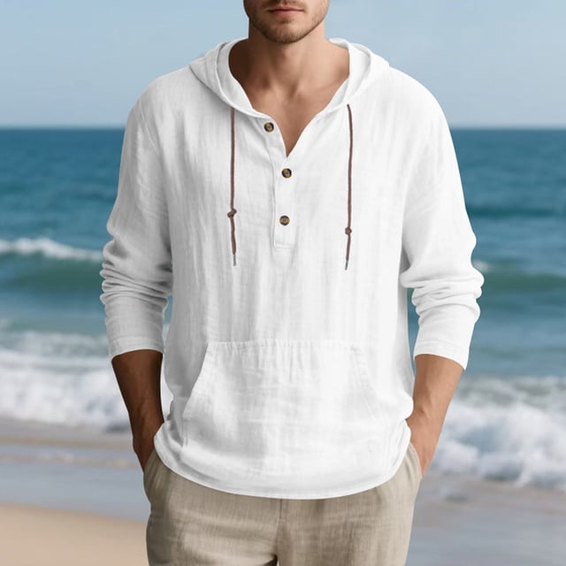 pstuiky camisetas de manga larga para hombre, Suéter playero informal de manga larga con capucha y cordón ajustable para hombre Tops de hombre s