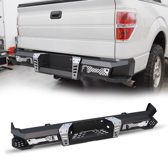 Rear Bumper Compatible with Ford F150 2006-2014,Heavy Duty Steel Rear Bumper With Sensor Holes,D-Rings,Built-In Non-Slip Steps,Style 1