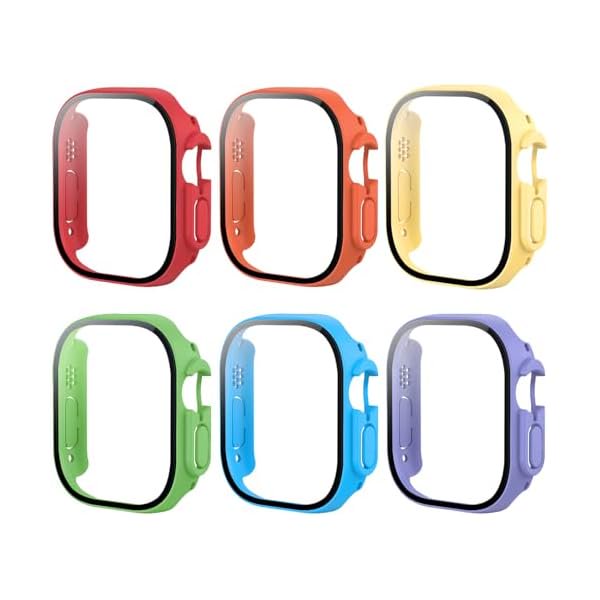 wonima44 6 Pack Hard Case with Button for Apple Watch Ultra 3 2 1 49mm Tempered Glass Screen Protector Case, Full Coverage Iwatch Bumper Cover (49mm, Rainbow Colorful)